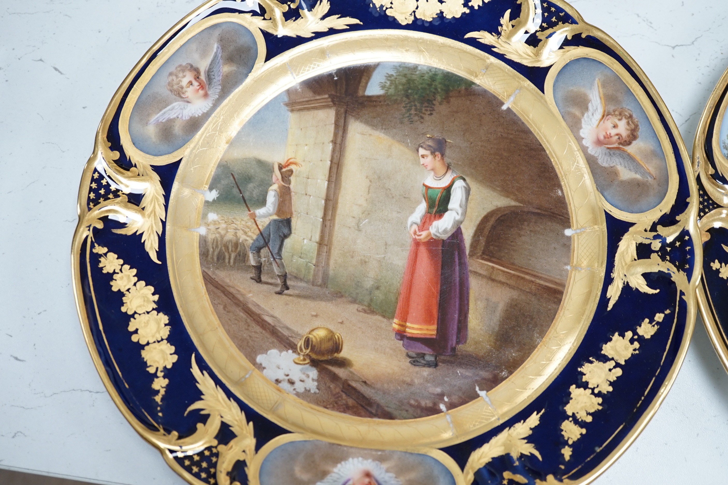 A group of 19th century Paris porcelain painted cabinet plates together with an associated footed bowl (group), plates 24cms diameter